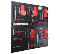 Panneau à outils Relaxdays, 6 panneaux perforés, 58 pièces d'accessoires, H x L : 60 x 40 cm, métal, panneau perforé pour outils, atelier, noir/rouge