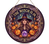 Panneau de bienvenue de sorcière pour porte d'entrée, citrouilles festives fantaisie, boule de cristal d'Halloween, panneau de porte en bois violet pour décorations extérieures de porche