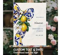 Panneau de bienvenue personnalisé bleu & blanc avec nœud de citron - Convient pour les mariages, les anniversaires, les fêtes à thème italien, nom/date, panneau en mousse PVC, affiche sur canevas et c