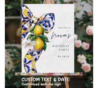 Panneau de bienvenue personnalisé bleu & blanc avec nœud de citron - Mariages, Anniversaires, Fêtes à thème italien, Nom/Date, Panneau en mousse PVC, Affiche sur canevas et cadre photo à bord complet,