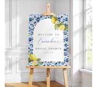 Panneau de bienvenue pour mariage thème citron méditerranéen - Carrelage bleu de la côte amalfitaine et style Positano, design d'arche de bord de mer toscan italien, enterrement de vie de jeune fille,