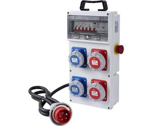 Panneau de distribution électrique avec 4 prises CEE, indice de protection IP67, équipé d'un disjoncteur différentiel et de disjoncteurs miniatures