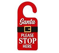 Panneau de porte du Père Noël Stop Here - Ceinture du Père Noël 3D | Cintre | Cadre imprimé 3D 8,11x3,7x0,32 pouces, texte blanc en relief et boucle dorée, poignée de porte pendante pour décoration de po