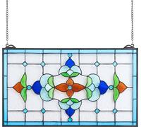 Panneau de vitrail, 664 x 402 mm, panneau de fenêtre suspendu de style Tiffany avec chaîne, grand vitrail rectangulaire horizontal, artisanat d'art traditionnel vintage pour la décoration intérieure d