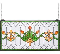 Panneau de vitrail, 810 x 433 mm, panneau de fenêtre suspendu de style Tiffany avec chaîne, grand vitrail rectangulaire horizontal, artisanat d'art traditionnel vintage pour la décoration intérieure d