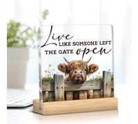 Panneau décoratif en acrylique avec support - Vache des Highlands - Cadeau pour femme - Ferme Cottagecore - Animal - Bureau - Cuisine - Salle de bain - Chambre à coucher - Décoration d'intérieur