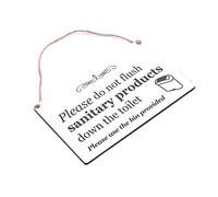 Panneau « Do Not Flush Sanitary Products » - Plaque de salle de bain/WC à suspendre, acrylique blanc, texte noir gravé, imperméable, 145 × 90 mm, cordon inclus - Avis « Please Use the Bin » pour