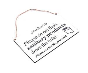 Panneau « Do Not Flush Sanitary Products » - Plaque de salle de bain/WC à suspendre, acrylique blanc, texte noir gravé, imperméable, 145 × 90 mm, cordon inclus - Avis « Please Use the Bin » pour