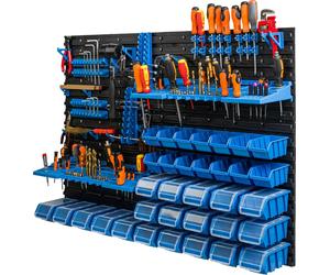 Panneau d'outils 115 x 78 cm avec 34 pièces. Boîtes avec couvercle à charnière Boîtes en plastique bleu