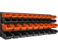 Panneau d'outils mural 115 x 39 cm avec 40 pcs. Boîte à suspendre Boîtes en plastique orange et noir