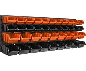 Panneau d'outils mural 115 x 39 cm avec 40 pcs. Boîte à suspendre Boîtes en plastique orange et noir