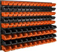 Panneau d'outils mural 115 x 78 cm avec 114 pcs. Boîte à suspendre Boîtes en plastique orange et noir