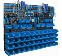 Panneau d'outils suspendu 115x78cm avec 56 pcs. Boîtes bleues murales avec jeu de supports en plastique
