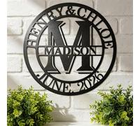 Panneau en Métal Personnalisé, Nom de Famille Split Letter Monogramme, Décoration Murale Panneau de Porte pour Extérieur, Art Mural Métallique, Cadeau Pendaison Crémaillère Mariage (Style 2)