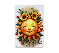 Panneau en métal vintage avec visage de soleil avec fleurs et feuilles pour jardin, chambre, café, bar, grotte d'homme, décoration murale, affiche en métal 20,3 x 30,5 cm