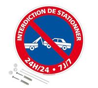 Panneau Interdiction De Stationner 24H24 7J7 Plastique Pvc 1 Mm - Diam. 300 Mm Signalisation Prépercée Avec Kit De Fixation Fabrication Française