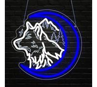 Panneau lumineux néon loup LED - Motif loup - Lune bleue - Pour décoration murale - Lumière néon lumineuse pour chambre à coucher, homme, grotte, maison, fête, cadeau d'anniversaire pour garçons et