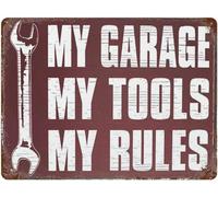 Panneau métallique vintage « Mon garage, mes outils, mes règles » (20 x 30 cm) - Décoration murale -