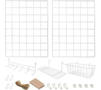 Panneau mural à mailles métalliques double avec accessoires | Avec baguette en bois à suspendre et crochets | Kit complet pour la décoration intérieure | Tableau photo en métal blanc