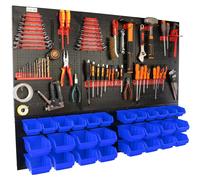 Panneau mural d'atelier - Tableau de rangement - 120 x 90 cm - Pliable - Métal - 28 bacs bleus - Couleur kaki
