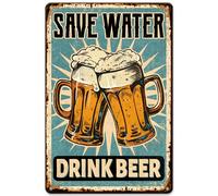 Panneau mural en métal rétro de 8 x 12 pouces "Buvez de la bière, économisez l'eau" Illustration vintage bleue et blanche d'une bière moussante avec un design rustique. Décoration en fer durable conve