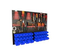 botle® Panneau perforé métallique, bacs empilables + étagère murale + porte-outils, lot de 59 pièces, rangement pour petites pièces, atelier mural avec 32 bacs bleus empilables, étagère suspendue, éta