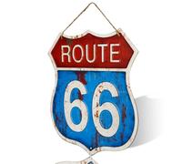 Panneau mural vintage Route 66, bouclier décoratif en métal, décoration d'intérieur rustique avec corde de suspension (bleu)
