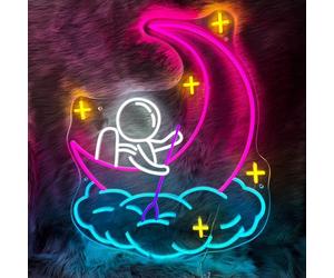 Panneau néon astronaute pour chambre d'enfant, lumière néon à DEL avec lune et nuage - Veilleuse sur le thème de la galaxie mignonne pour chambre à coucher, crèche, salle de jeux, art mural