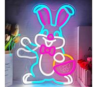 Panneau néon de Pâques en forme de lapin agitant à intensité variable avec panier à œufs, panneau LED, décoration de fenêtre de Pâques, panneau « Happy Easter » pour la maison