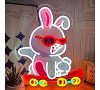 Panneau Néon Lapin Skateboard à Lunettes Intensité à Intensité Variable | Alimenté USB Imprimé UV Lumières LED Panneau Néon Animal pour Décoration Murale Chambre Salon Salle de Jeux Bar Fête