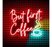 Panneau néon LED « But First Coffee » - 5 V - Décoration murale pour café, bar, fête, salon, cadeau - Alimenté par USB - Avec interrupteur à intensité variable - 35 x 30 cm