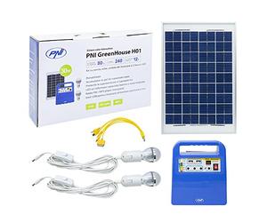 Panneau solaire, énergie solaire, portable système générateur d'énergie PNI GreenHouse H01 30W avec batterie 12V / 7Ah, USB/Radio / MP3, 2 ampoules LED