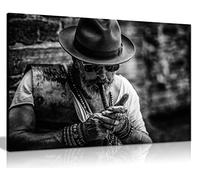 Panther Print Fine Art Prints Impression sur toile artistique encadrée Vieux homme fumeur de cigare noir et blanc pour décoration d'intérieur, chambre, salon et salle de bain, 31 x 20 cm
