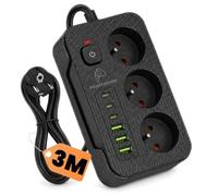 PANTHERISE Multiprise 3 m, Rallonge 9-en-1, 3 Prises 250 V, 3 Ports USB-C, 3 Ports USB-A, 2500 W 10 A, Interrupteur Lumineux, Fixation Murale, Sécurité Enfant, Mise à la Terre, Noir