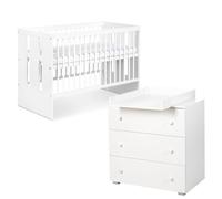 PAOLA Ensemble bébé lit et commode Blanc avec plan à langer amovible | Lit évolutif 120 x 60 cm, sommier réglable sur 3 hauteurs et 3 barreaux amovibles. Commode 3 tiroirs à fermeture amortie.
