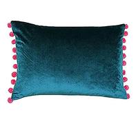 Paoletti Riva Fiesta Rectangulaire Plumes Coussin Rempli Bleu Rose Pompon Edges - Faux Velours Tissu - Discret Zip De Fermeture - 100 Cas (14" X 20" Pouces), Polyester, Teal/Berry, 35 X 50 Cm