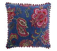 Paoletti Riva Malisa Place Polyester Coussin Rempli Paisley Indien Imprimer - Faux Velours Tissu - Rose Pompon Edges - Lavable Machine - 100 (20" X 20" Pouces), Coton, Blue Smoke, 50 X 50 Cm