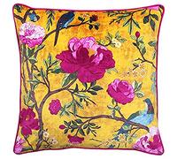 Paoletti Riva Plumes Coussin Rempli Jaune - Chinoiserie Oiseau Fleur Imprimer - Canalisé Edges - Lavable Machine - 100 Cas (20" X 20" Pouces), Polyester, Or, 50 X 50 Cm