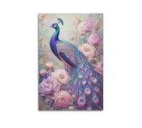 Paon rose pastel niché parmi les délicates fleurs de pivoine aquarelle, affiche d'art mural sur toile, illustration d'oiseau botanique romantique douce, art mural doux pour chambre de fille, mariage