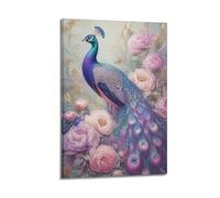 Paon rose pastel niché parmi les délicates fleurs de pivoine aquarelle sur toile, illustration d'oiseau botanique romantique, décoration murale douce pour chambre de fille, mariage, salle de poudreuse