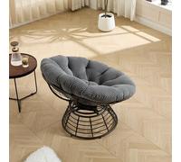 Papasan Fauteuil pivotant ergonomique avec coussin, pivotant à 360 °, fauteuil de relaxation confortable pour salon, balcon et chambre à coucher, cadre en acier, charge jusqu'à 130 kg, gris + cordon