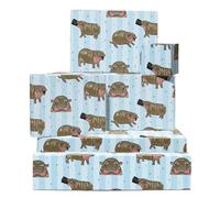 Papier cadeau bébé animaux - 6 feuilles de papier cadeau bleu - Bébé Hippo Moo Deng - Hippopotame - pour homme et femme - Livré avec des autocollants - Par Central 23