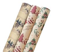 Papier Cadeau Kraft Noel, Papier Cadeau Noel Gros Rouleau Papier Emballage Cadeau Ecologique Épais Marron Traditionnel Naturel Uni Chic Anglais Rétro 3pcs Kit