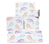 Papier cadeau pastel - Narvals - Animal de l'océan Arctique - 6 feuilles d'emballage cadeau avec étiquettes pour garçon et fille - Livré avec autocollants - Recyclable - Par Central 23