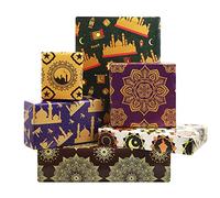 Papier cadeau vintage pour le Ramadan Eid Mubarak - Château bleu, étoiles, lune, fleur rétro - 6 feuilles pliées - Papier cadeau d'anniversaire pour décoration de fête du Ramadan, 71,1 x 50,8 cm