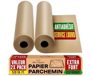Papier Cuisson rouleau Non Blanchi - Lot de 2 Papier Sulfurisé de 38cmx64m avec Coupeur - Papier de Cuisson Antiadhésif pour la Cuisine, le Grill la Vapeur et la Friteuse a Air par Baker's Signature