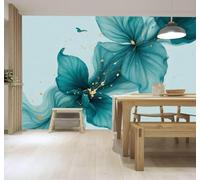 Papier Peint 3D Abstrait Vert Bleu Encre De Chine Fleurs Touches Dorées | Autocollants Décoratifs Haut de Gamme Adaptés à Tous les Murs Des Restaurants Canapés Salons et Chambres Coucher-350cm×256cm