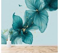 Papier Peint 3D Abstrait Vert Bleu Encre De Chine Fleurs Touches Dorées | Fresques Murales et Créatives Décoration D'intérieur Pour le Bureau Salon la Chambre Coucher Canapé Mural de Luxe-350cm×256cm