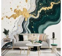 Papier Peint 3D Abstrait Vert Encre De Chine Touches Dorées Originalité | Autocollants Décoratifs Haut de Gamme Adaptés à Tous les Murs Des Restaurants Canapés Salons et Chambres Coucher-350cm×256cm