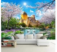 Papier Peint 3D Beau Château Fleurs De Cerisier Rivière Paysage Naturel | Facile à Installer Cette Décoration Luxueuse Est Idéale Pour un Bureau Salon une Chambre ou Mur Derrière le TV-200cm×140cm
